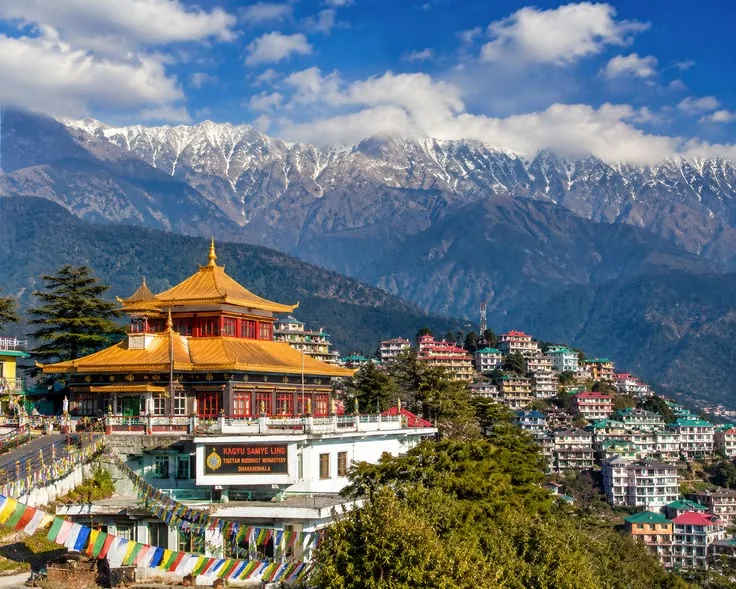 Golden monastery below the Dhauladhar range, Dharamshala