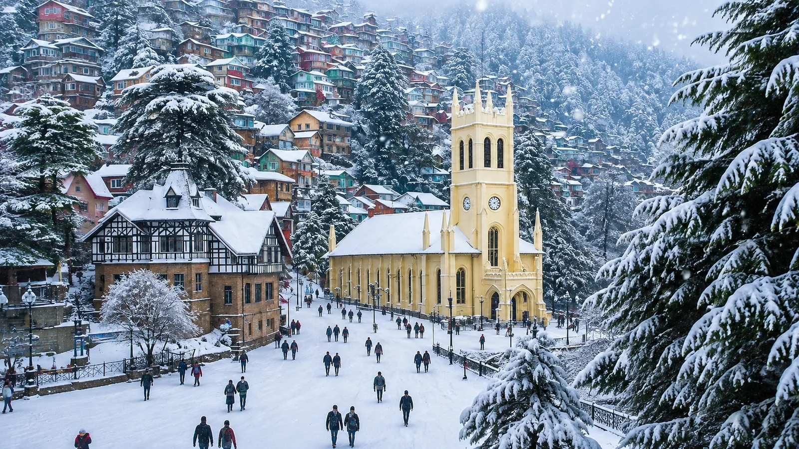 Snow-covered Christ Church, Shimla's Ridge