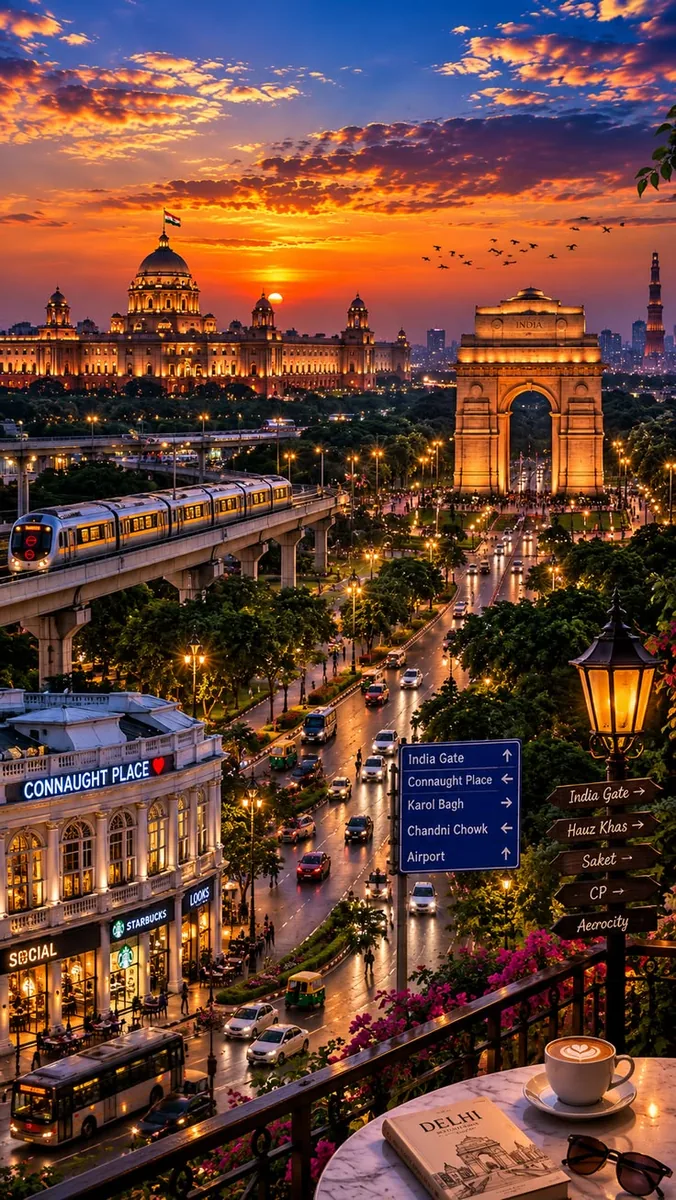 India Gate and the Delhi skyline lit up at sunset