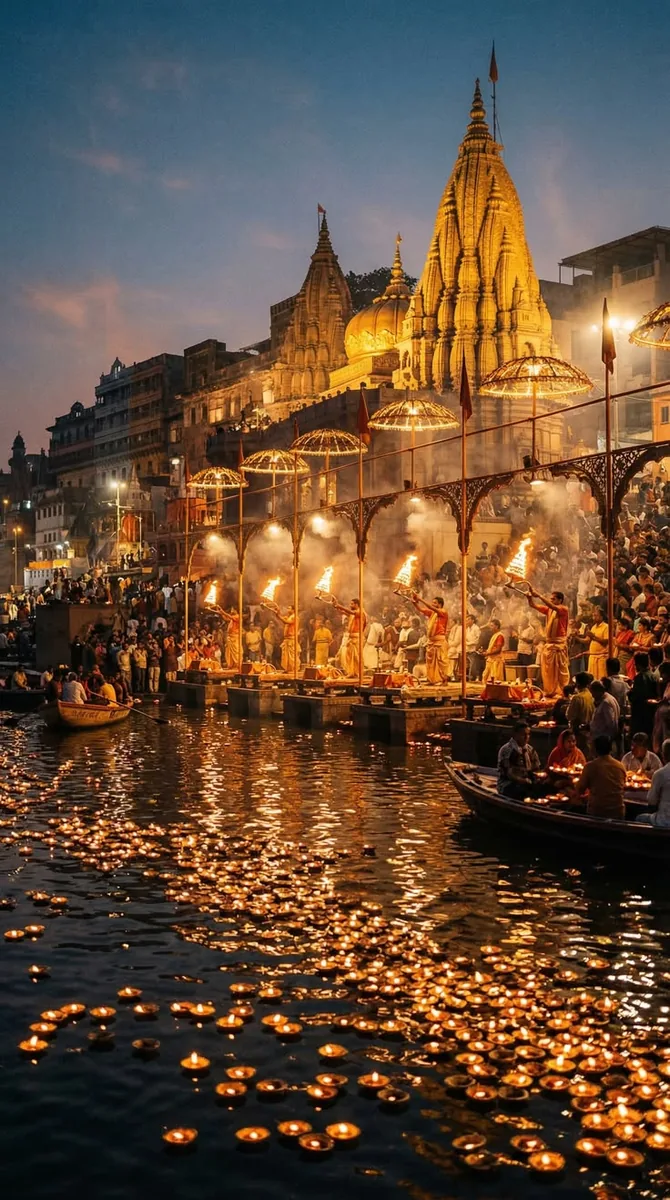Evening Ganga aarti with floating diyas at Varanasi